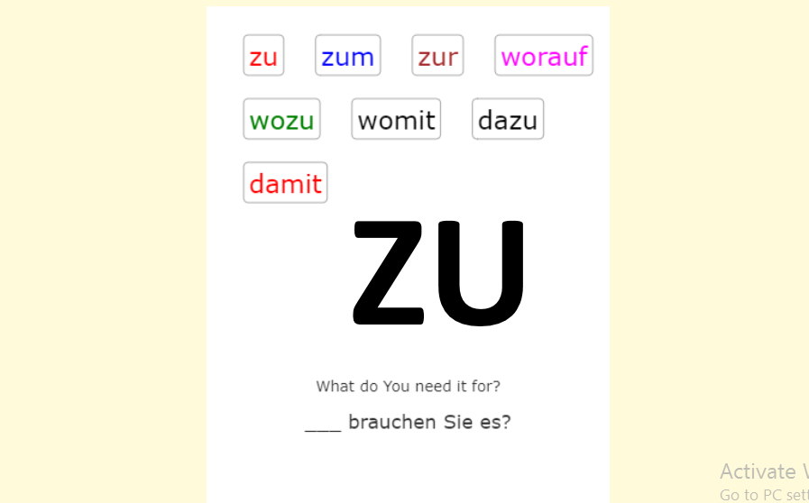 German preposition ZU<br>Deutsch - Präposition - ZU<br>20 questions