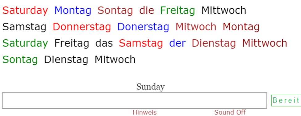 Names of Weekdays in German<br>(21 questions)