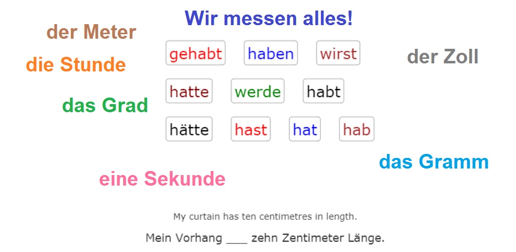 Deutsch Übungen, German exercises Verb HABEN - Measure Units<br>(20 sentences)