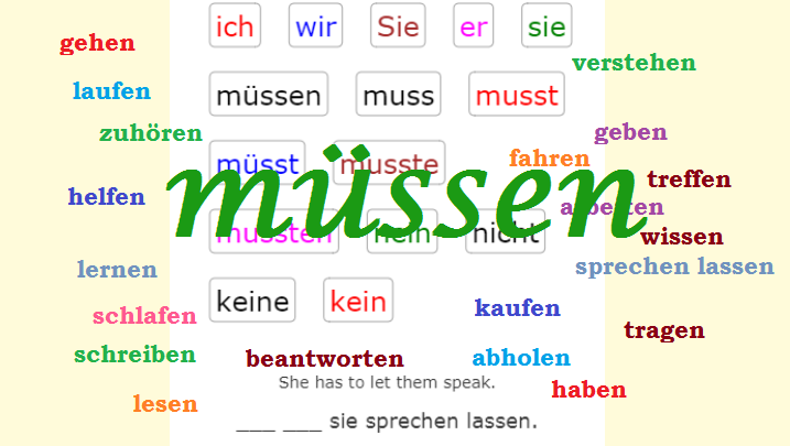 Deutsch Übungen, German exercises Verb MÜSSEN with most frequent verbs<br>(20 questions)