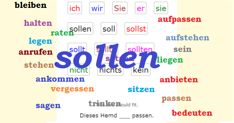 Deutsch Übungen, German exercises Verb SOLLEN with most frequent verbs<br>(20 questions)