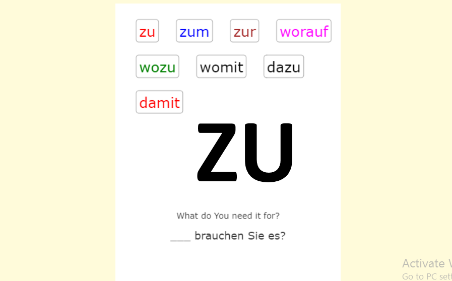 Deutsch Übungen German exercises with Preposition ZU<br>Präposition ZU (20 Übungen)